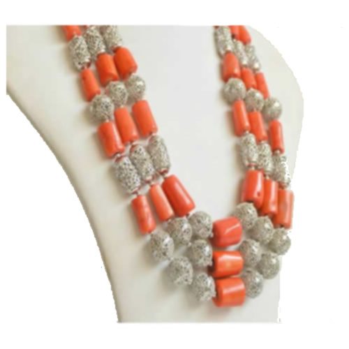 Silver and Orange coral bead  Complete Necklace Set - JUSTFantastic